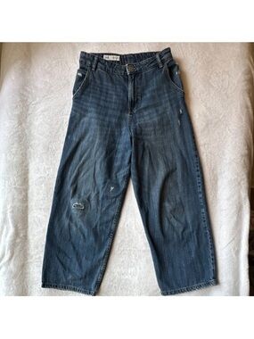 ZARA Girls Wide-Leg Barrel Distressed Blue Denim Jeans w/ Pockets Size 13-14